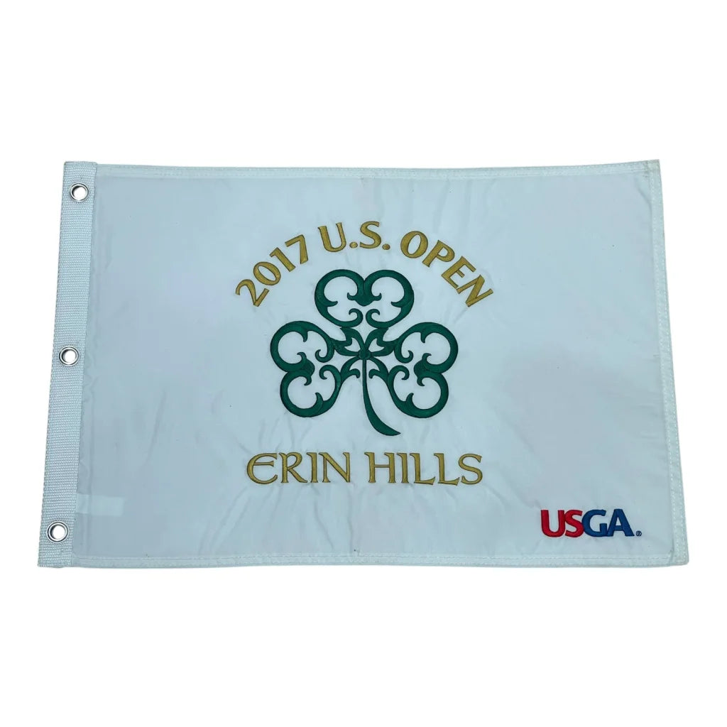 White 2017 U.S. Open golf pin flag with embroidered green shamrock