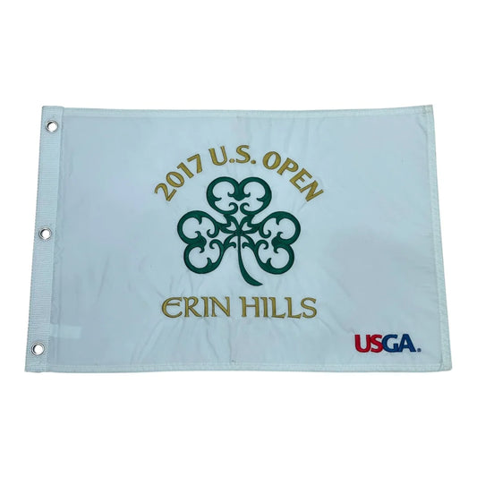 White 2017 U.S. Open golf pin flag with embroidered green shamrock