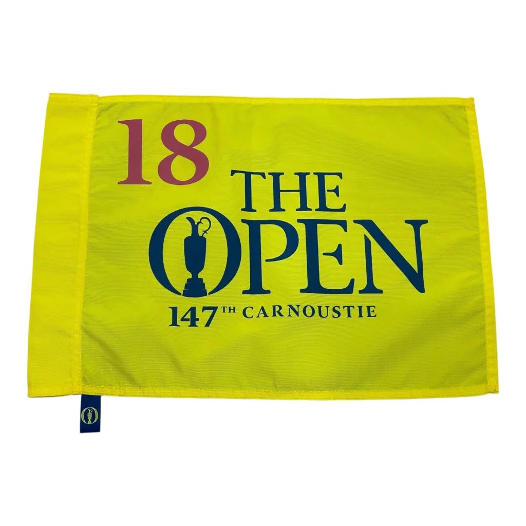 2018 British Open Carnoustie 147th pin flag with yellow design and Molinari trophy