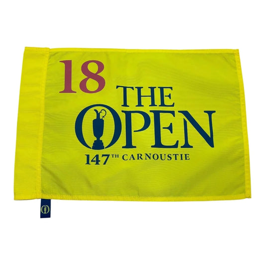 2018 British Open Carnoustie 147th pin flag with yellow design and Molinari trophy