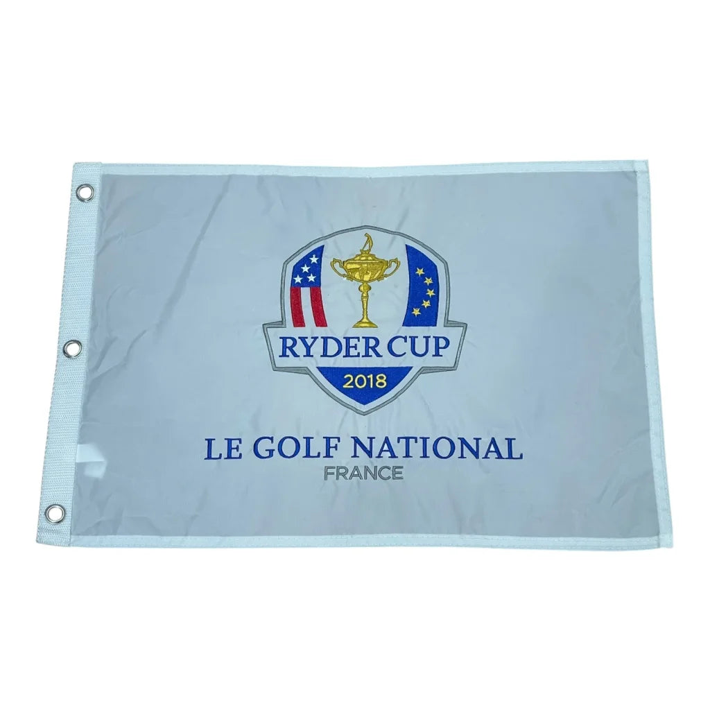 Light gray 2018 Ryder Cup golf pin flag with Team Europe embroidered emblem