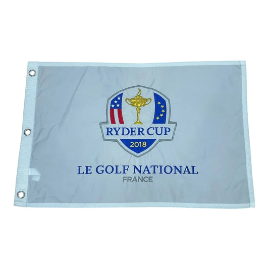Light gray 2018 Ryder Cup golf pin flag with Team Europe embroidered emblem