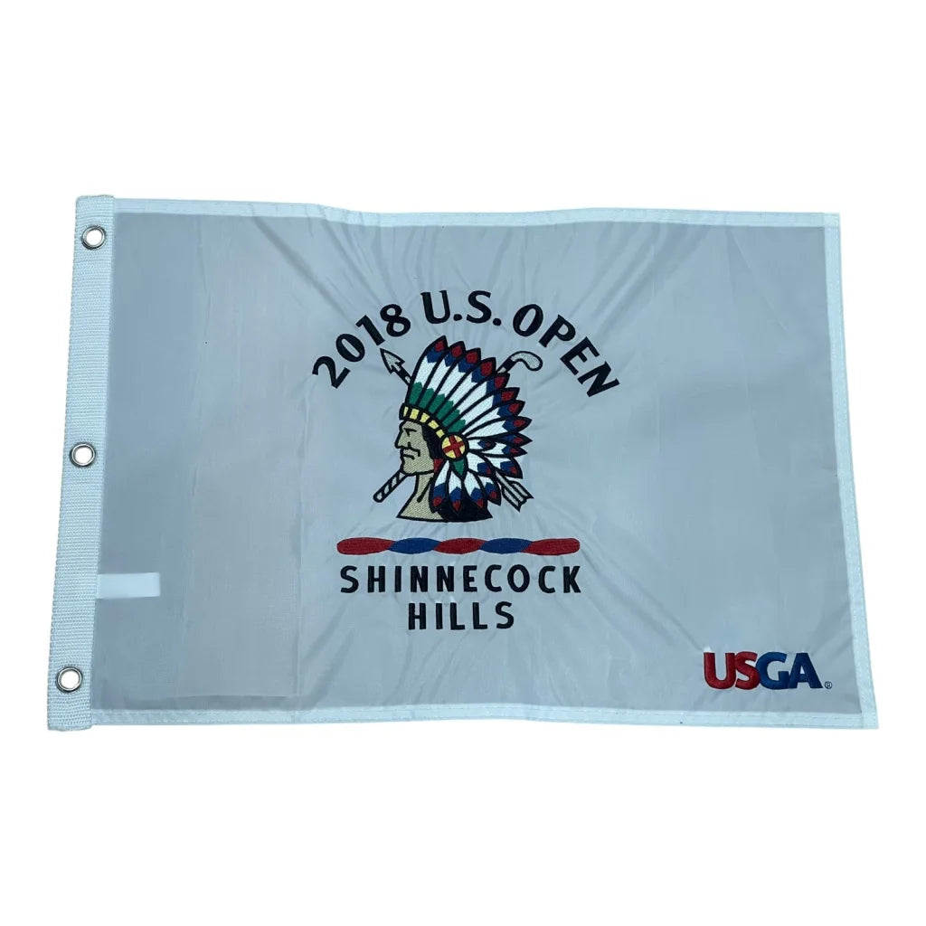 White embroidered golf pin flag featuring a colorful native american chief and 2018 u.s. open shinnecock hills text