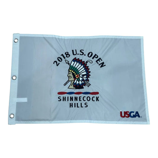 White embroidered golf pin flag featuring a colorful native american chief and 2018 u.s. open shinnecock hills text