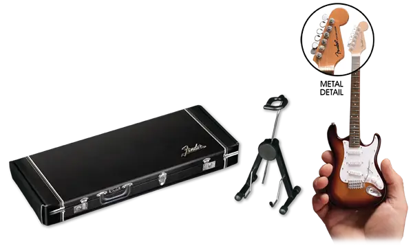 Black Fender hardshell case with Axe Heaven mini guitar on stand