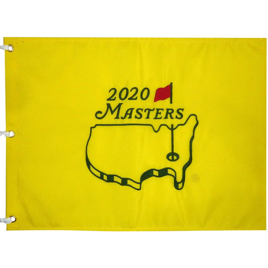 Bright yellow 2020 masters embroidered golf pin flag with black text and red flag icon for Dustin Johnson champion