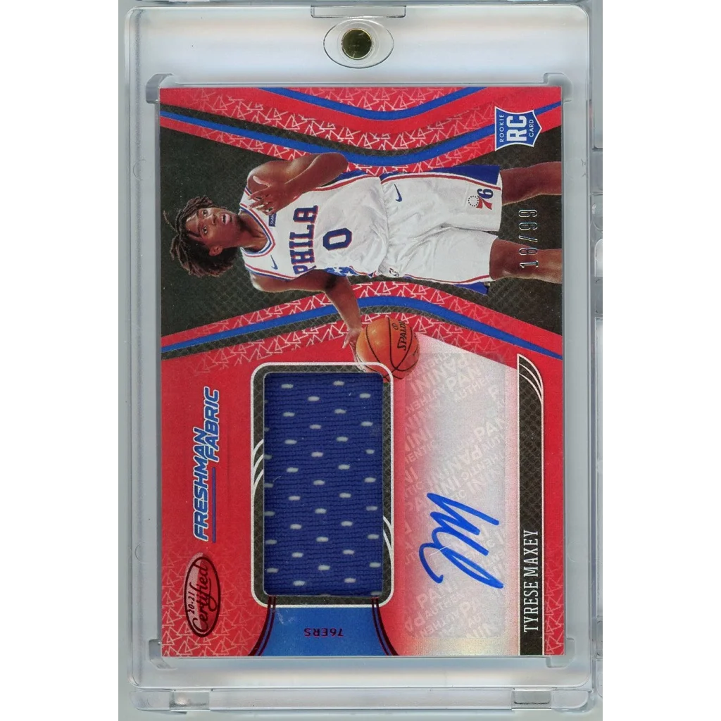2020 Panini Certified Tyrese Maxey blue jersey patch auto rookie card