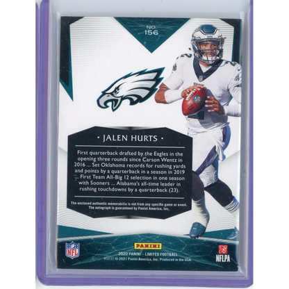 2020 Panini Limited Jalen Hurts #156 #/20 Rookie Patch Auto RPA Rookie RC Football Card | Certified Authentic Signed Memorabilia | vintageantiquesgifts.com