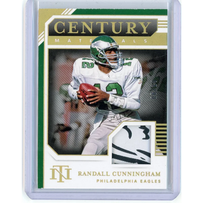 Randall Cunningham Eagles trading card with jersey swatch from Panini National Treasures featuring third-party authentication
