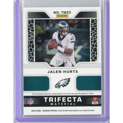 2020 Panini Obsidian Jalen Hurts Rookie Patch Relic Card #TM22 /50