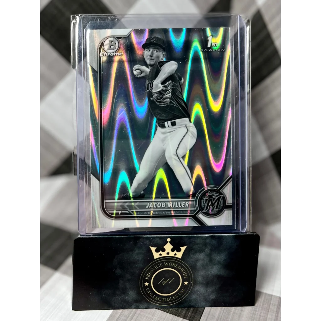 2021 Bowman Chrome Jacob Miller Iridescent card in protective case from Prestige Worldwide Collectibles