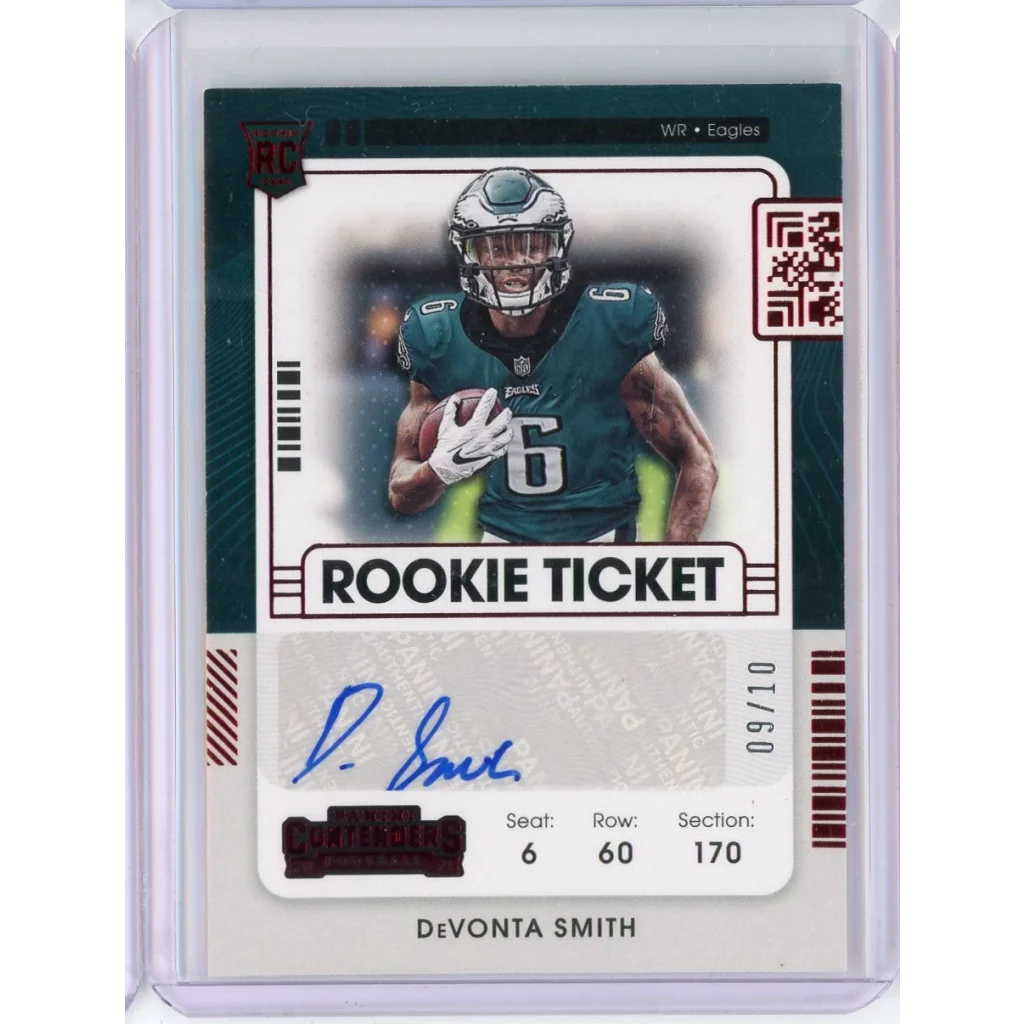 Autographed Devonta Smith Philadelphia Eagles rookie football card in authentic product display