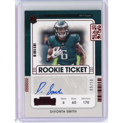 Autographed Devonta Smith Philadelphia Eagles rookie football card in authentic product display