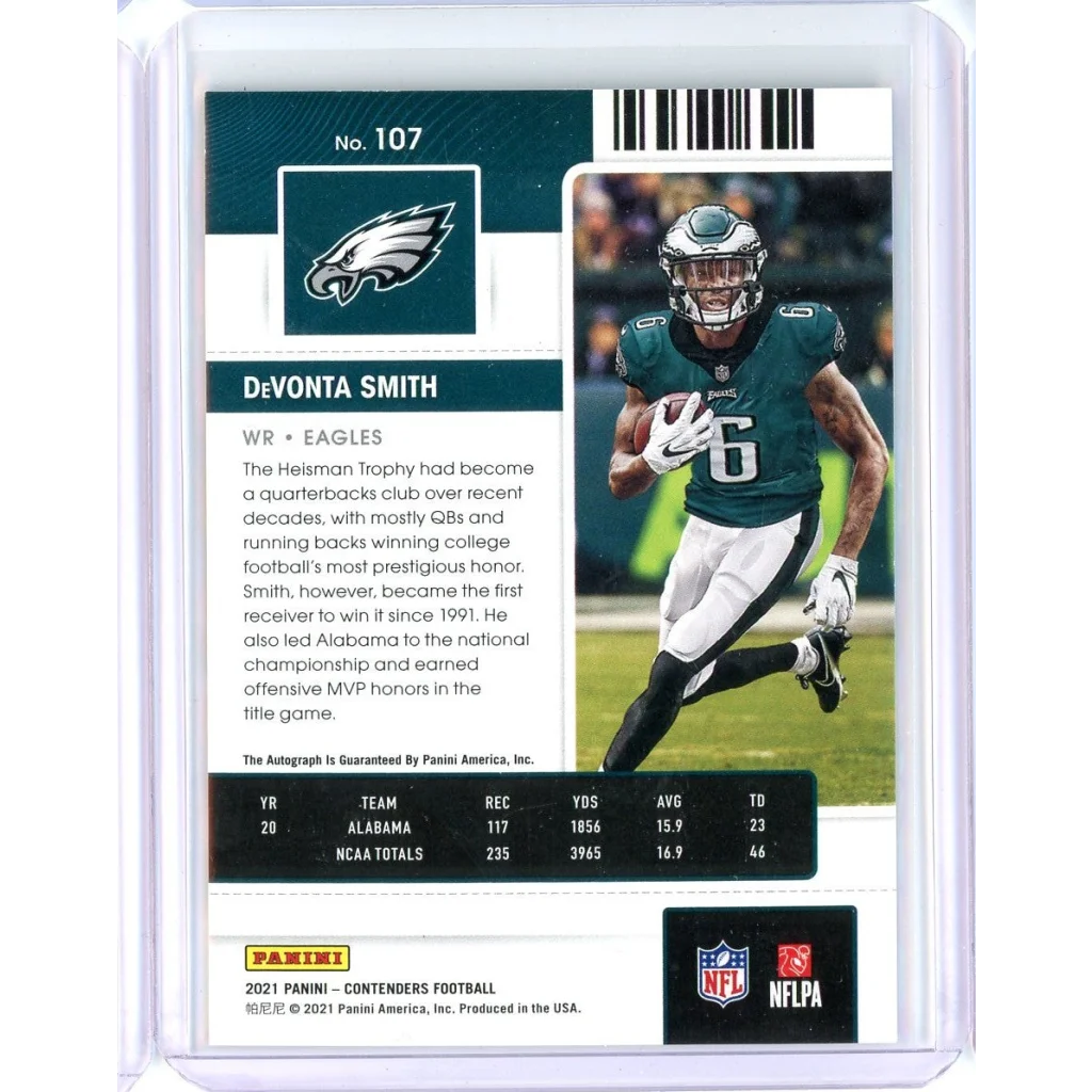 Football trading card of Devonta Smith from the Authentic Autographed DeVonta Smith Eagles Rookie Card product