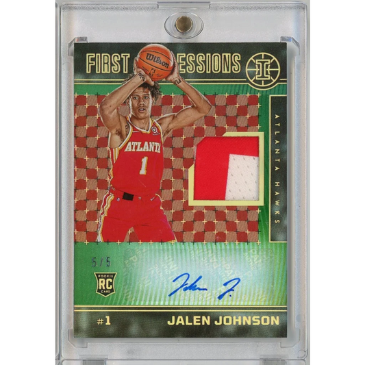 Red white Atlanta Hawks Jalen Johnson First Impressions green RPA card swatch