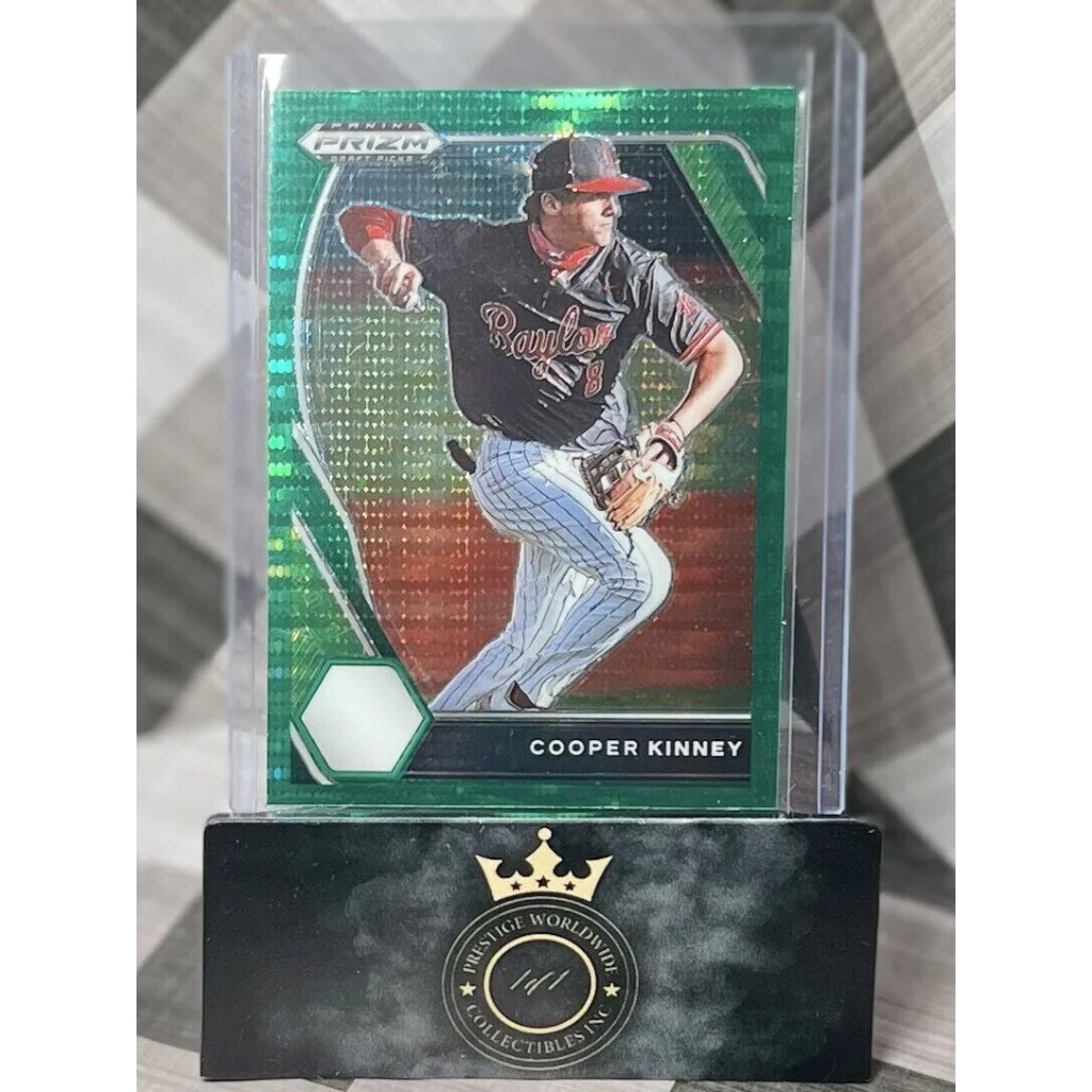 Green holographic Cooper Kinney baseball card in black gold holder at Prestige Worldwide