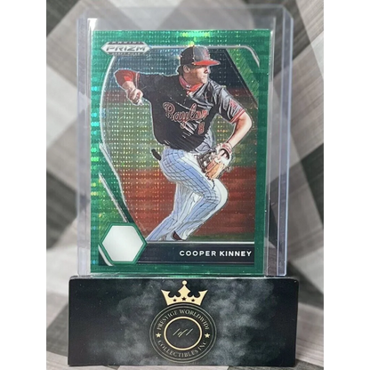 Green holographic Cooper Kinney baseball card in black gold holder at Prestige Worldwide