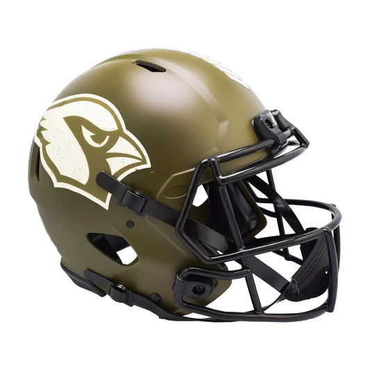 Olive green 2022 Riddell NFL Salute to Service helmet with black face mask and bird logo