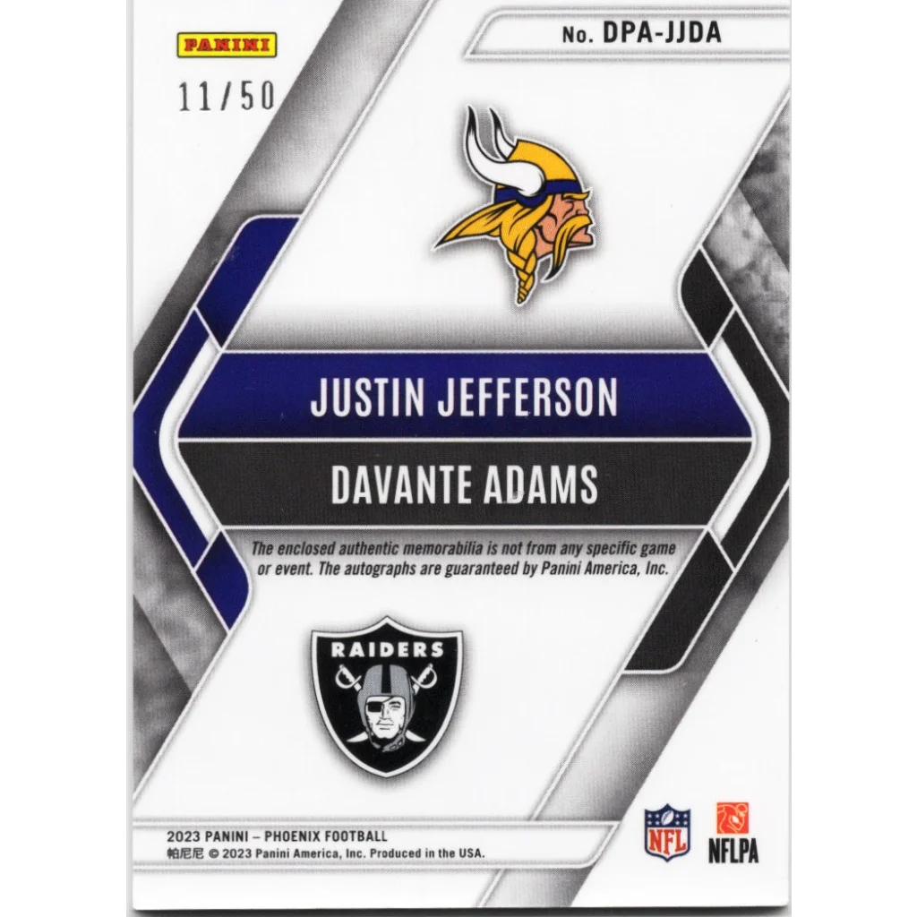 2023 Panini Phoenix Justin Jefferson/Davante Adams #DPAJJDA Dual Patch Auto /50 Football Card | Certified Authentic Signed Memorabilia | vintageantiquesgifts.com