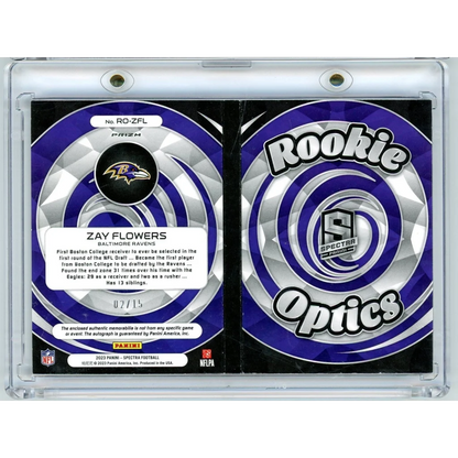 2023 Panini Spectra Rookie Optics Zay Flowers #ROZFL /15 Booklet Auto Rookie RC Football Card | Certified Authentic Signed Memorabilia | vintageantiquesgifts.com