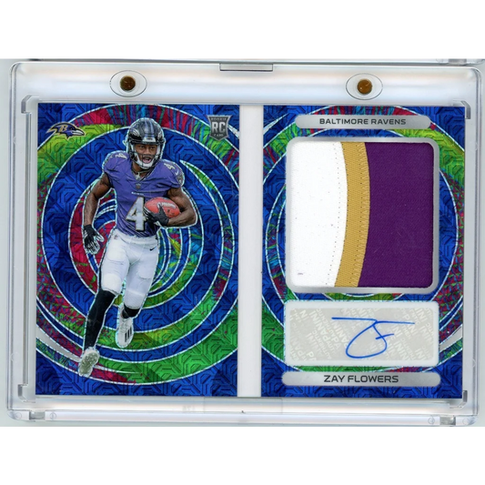 Zay Flowers signed purple and gold Baltimore Ravens jersey swatch card