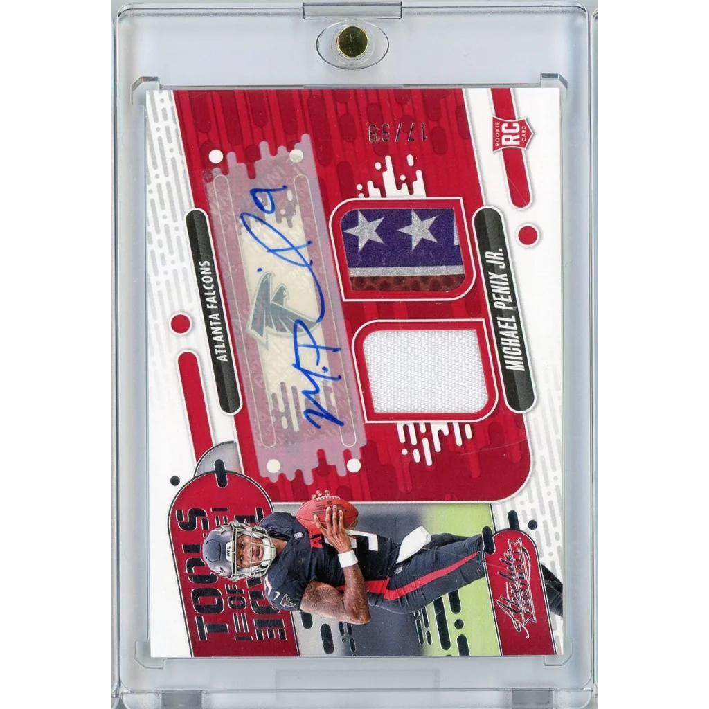 Red and white autographed Michael Penix Jr rookie football trading card, Panini Absolute #/99
