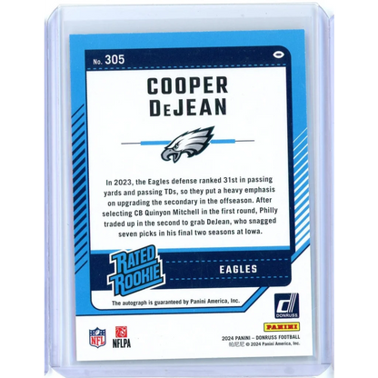2024 Panini Donruss Press Proof Green Cooper DeJean #305 Auto Rookie RC Football Card | Certified Authentic Signed Memorabilia | vintageantiquesgifts.com