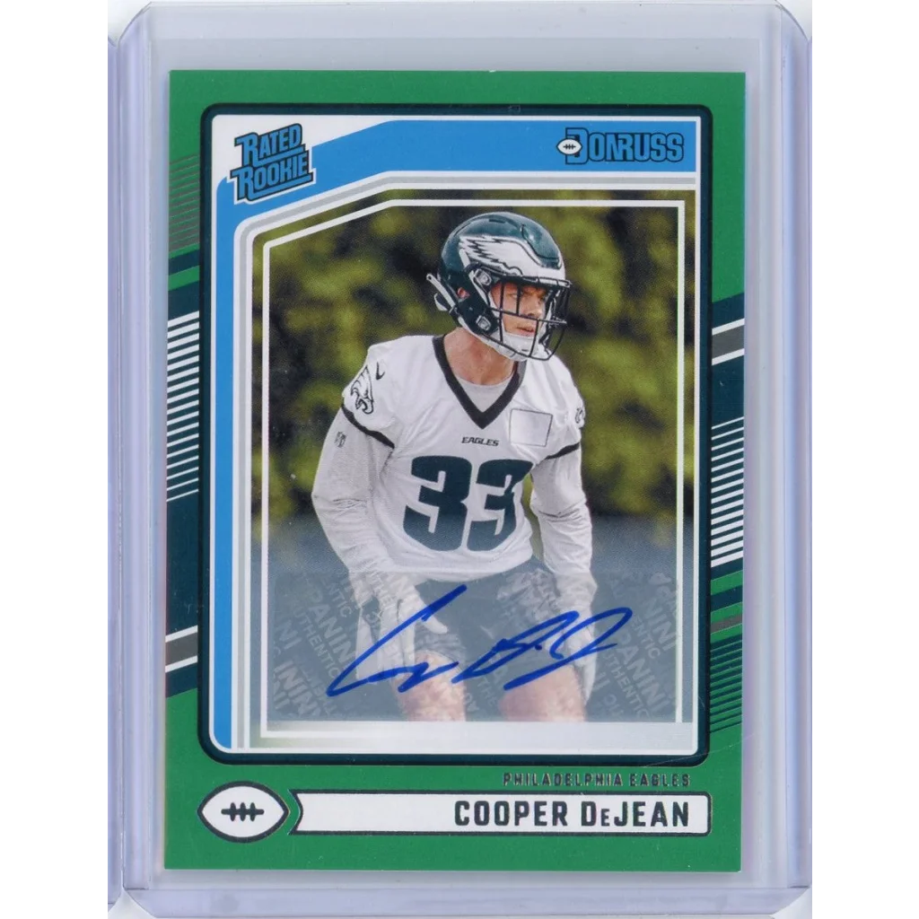 2024 Panini Donruss Press Proof Green Cooper DeJean #305 Auto Rookie RC Football Card | Hall of Fame Sports Memorabilia | vintageantiquesgifts.com