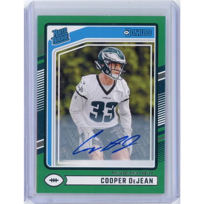 2024 Panini Donruss Press Proof Green Cooper DeJean #305 Auto Rookie RC Football Card | Hall of Fame Sports Memorabilia | vintageantiquesgifts.com