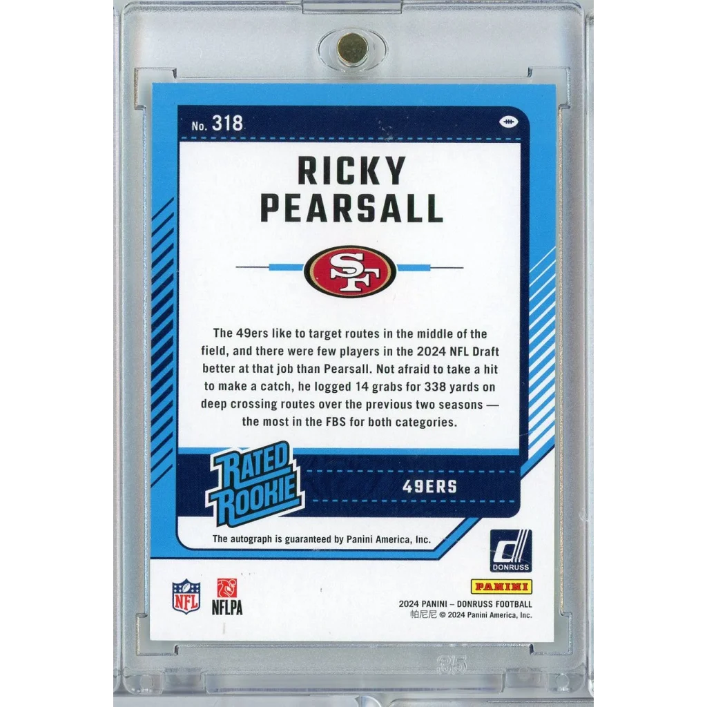 2024 Panini Donruss Ricky Pearsall #318 Green Parallel Auto Rookie RC Football Card | Certified Authentic Signed Memorabilia | vintageantiquesgifts.com