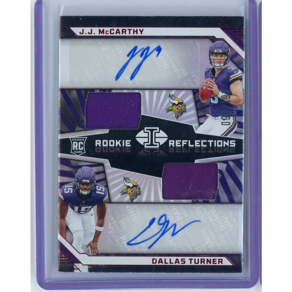 Dual autograph rookie card with jersey patches of J.J. McCarthy and Dallas Turner, third party authentication
