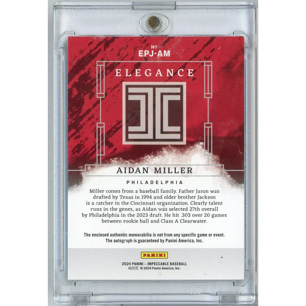 2024 Panini Impeccable Aidan Miller EPJAM 25 Elegance Relic Auto Rookie RC Baseball Card | Autograph Rookie RC Baseball Card | vintageantiquesgifts.com