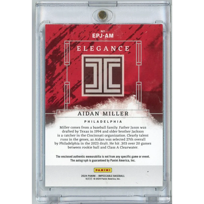 2024 Panini Impeccable Aidan Miller EPJAM 25 Elegance Relic Auto Rookie RC Baseball Card | Autograph Rookie RC Baseball Card | vintageantiquesgifts.com