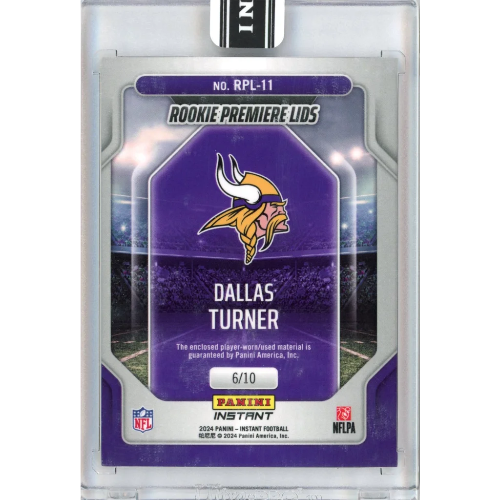 2024 Panini Instant Dallas Turner #RPL-11 Rookie Premiere Lids #/10 Rookie RC Football Card | Limited Edition /10 Purple Football Card | vintageantiquesgifts.com