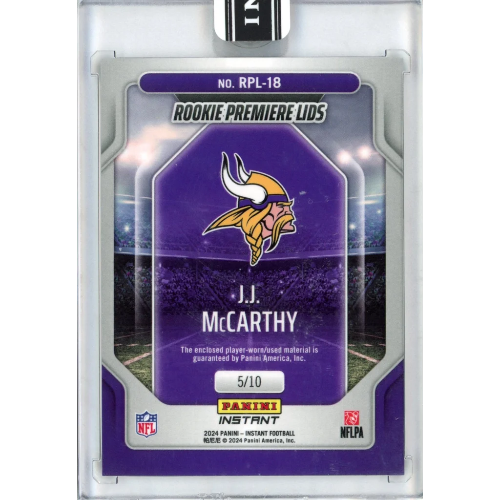 J.J. McCarthy Panini Instant Rookie Premiere Lids football card numbered 5/10