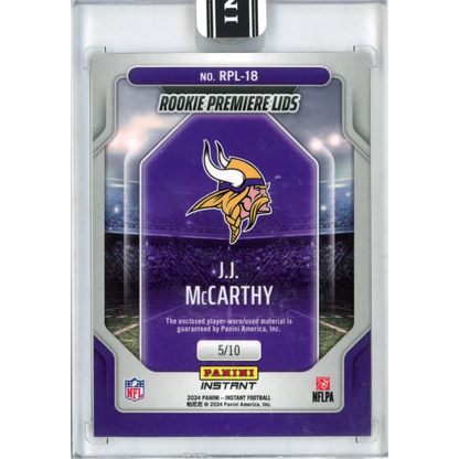 J.J. McCarthy Panini Instant Rookie Premiere Lids football card numbered 5/10