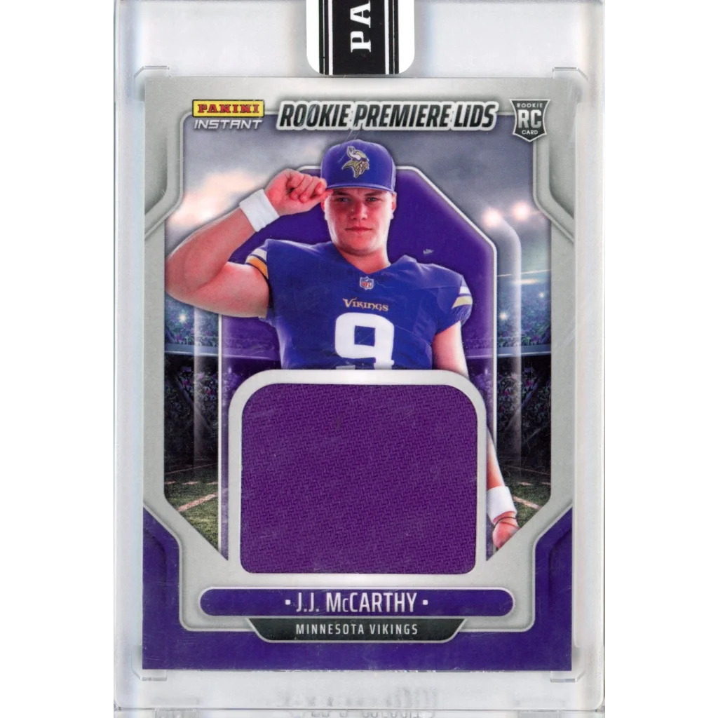 J.J. McCarthy Rookie Premiere Lids football card with purple jersey swatch, Panini Instant