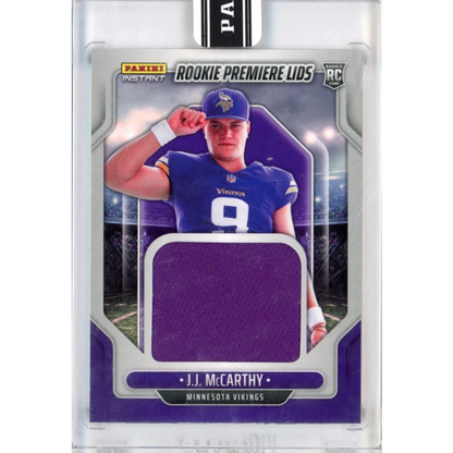 J.J. McCarthy Rookie Premiere Lids football card with purple jersey swatch, Panini Instant