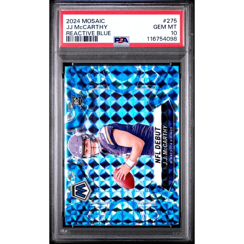 2024 Panini Mosaic JJ McCarthy #275 Reactive Blue Rookie RC Football Card PSA 10 Gem Mint | Hall of Fame Sports Memorabilia | vintageantiquesgifts.com