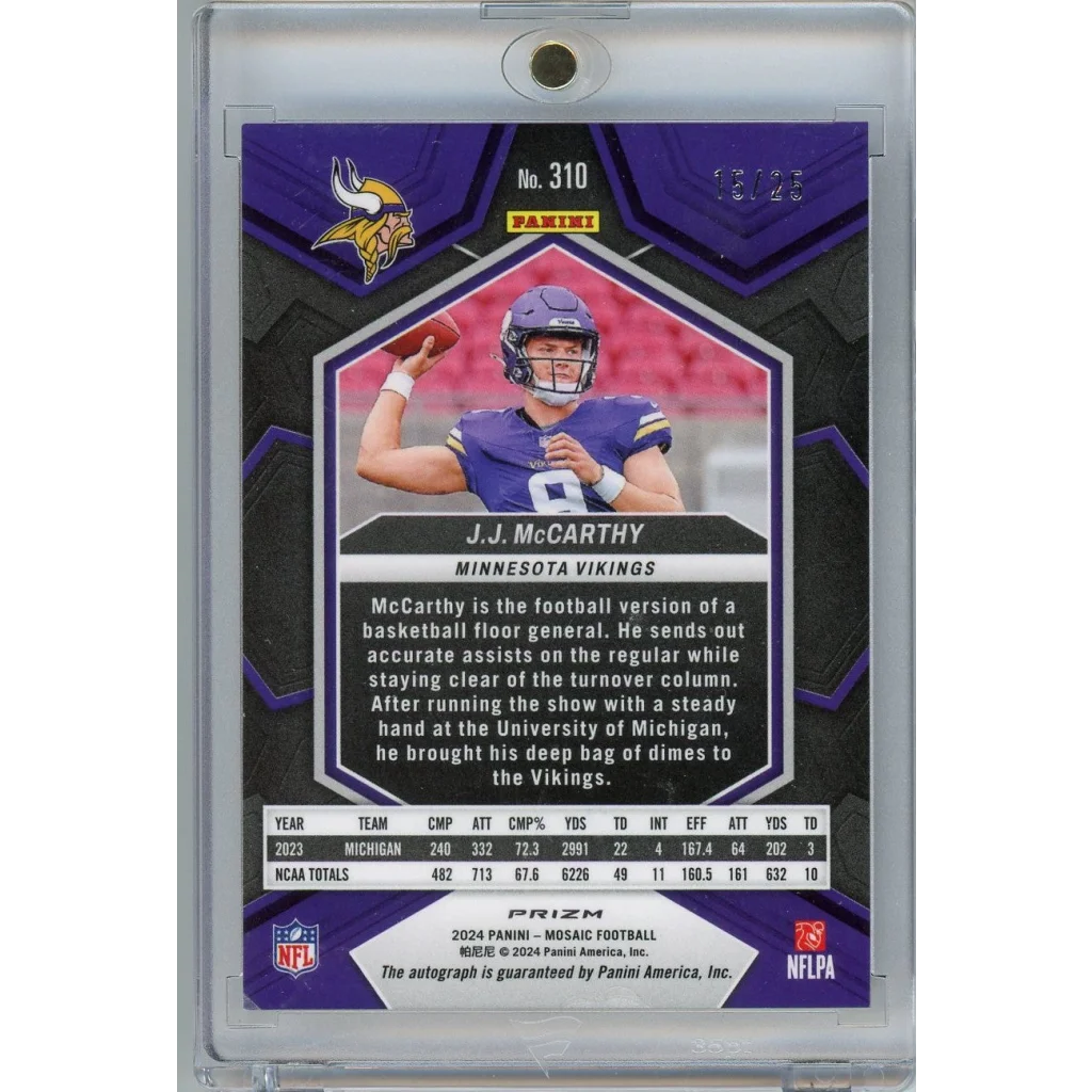 2024 Panini Mosaic White JJ McCarthy #310 /25 Auto Rookie RC Card