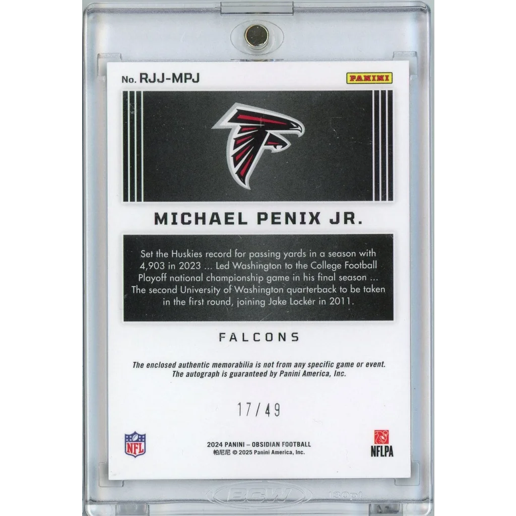 2024 Panini Obsidian Purple Auto Michael Penix Jr #RJJMPJ /49 Rookie RC Football Card | Certified Authentic Signed Memorabilia | vintageantiquesgifts.com