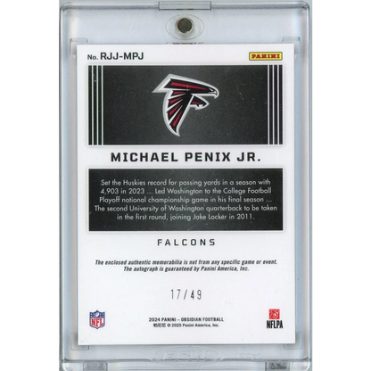 2024 Panini Obsidian Purple Auto Michael Penix Jr #RJJMPJ /49 Rookie RC Football Card | Certified Authentic Signed Memorabilia | vintageantiquesgifts.com