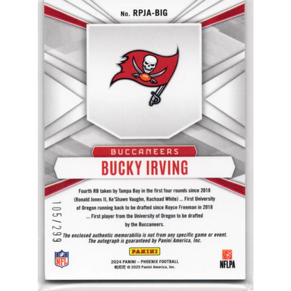 2024 Panini Phoenix Bucky Irving #RPJABIG Silver Rookie Phenom Patch Autograph /299 Rookie RC Football Card