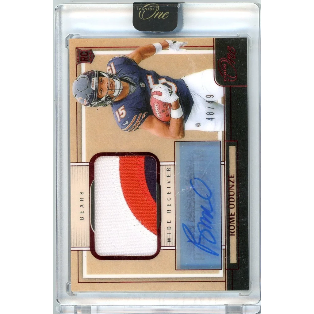 2024 Panini One Rome Odunze #104 /49 Red Rookie Patch Auto Rookie RC Football Card | Hall of Fame Sports Memorabilia | vintageantiquesgifts.com