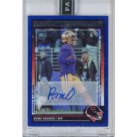Blue-bordered 2024 Rome Odunze rookie football card with autograph and third party authentication