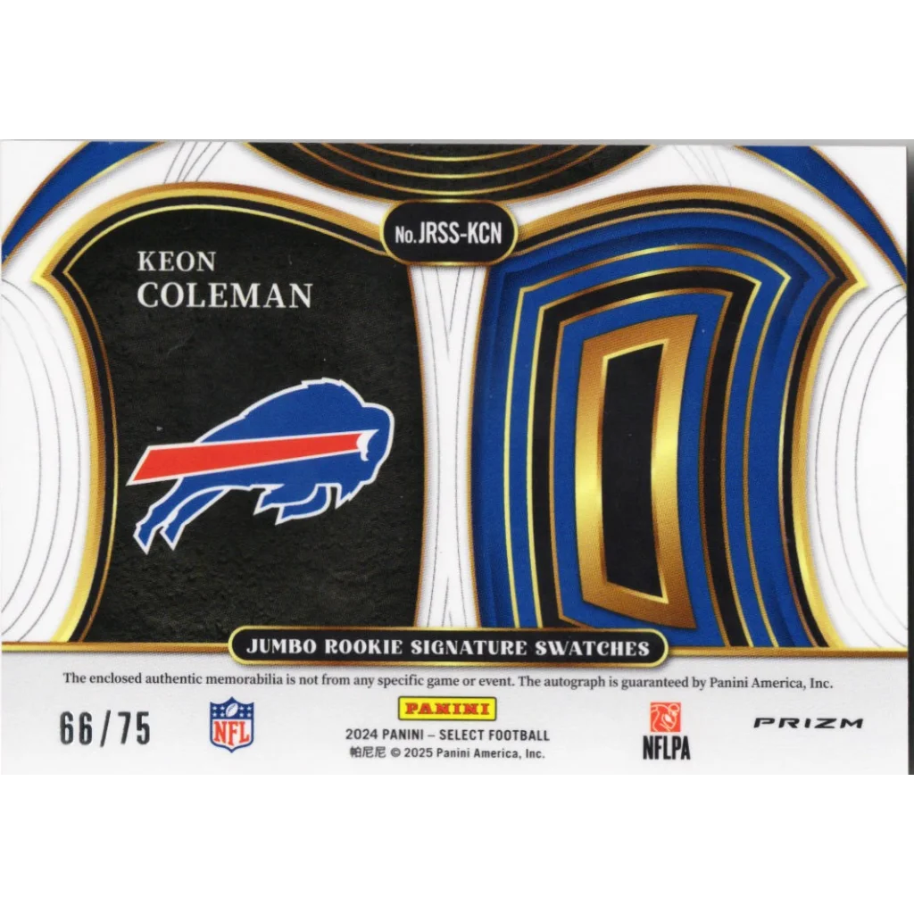 2024 Panini Select Keon Coleman #JRSSKCN Jumbo Patch White Auto /75 Buffalo Bills Rookie RC Football Card