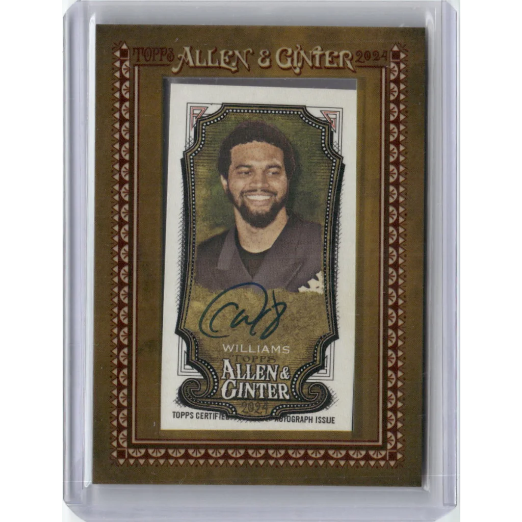 Autographed Caleb Williams Topps Allen Ginter Card with Authentication showing a smiling man