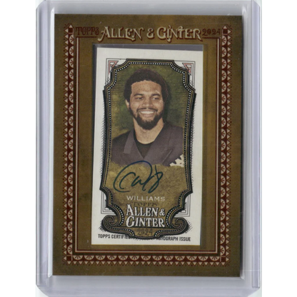 Autographed Caleb Williams Topps Allen Ginter Card with Authentication showing a smiling man