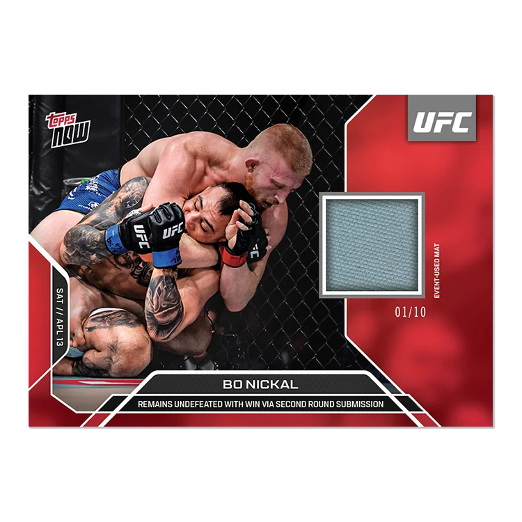 Collectible UFC trading card of Bo Nickal with an event-used mat piece