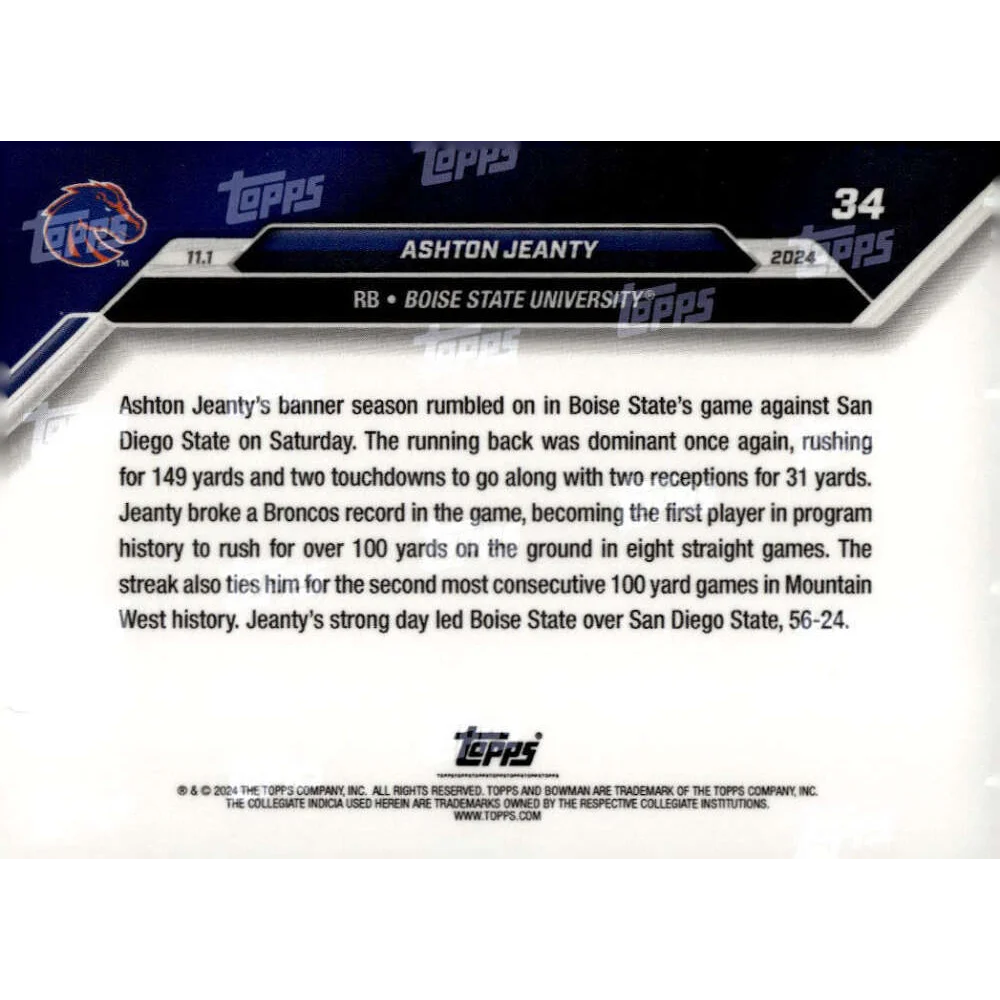 2024 Topps Bowman U Now Ashton Jeanty #34 Blue #/49 Boise State Broncos Rookie RC Football Card | Limited Edition /49 Blue Football Card | vintageantiquesgifts.com